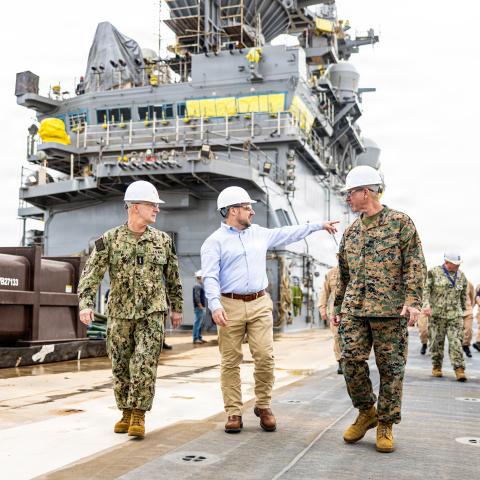 The 34th Chief of Naval Operations, Adm. Daryl L. Caudle and the 39th Commandant of the Marine Corps, Gen. Eric M. Smith, tour Ingalls Shipbuilding at Pascagoula, Mississippi, Jan. 1, 2026. Gen. Smith visited Ingalls Shipbuilding to meet with the industry leaders, as well as make media engagements with Secretary Phelan and Adm. Caudle. (U.S. Marine Corps photo by Lance Cpl. Juaquin Greaves)