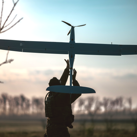  APRIL 14: Ukrainian serviceman of the Unmanned Systems Battalion of the 23rd Mechanized Brigade launches FlyEye reconnaissance drone on April 14, 2025 in Donetsk Oblast, Ukraine. Ukrainian operators of the Unmanned Systems Battalion of the 23rd Separate Mechanized Brigade use WB Electronics FlyEye, a Polish-made reconnaissance unmanned aerial vehicle developed to NATO standards. The FlyEye in the Unmanned Systems Battalion performs reconnaissance tasks, detects Russian firing positions, and transmits data 