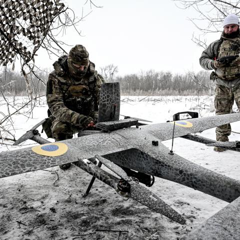 Soldiers assemble a Ukrainian GARA drone before a combat mission in the Pokrovsky direction, Donetsk Oblast, Ukraine, on January 23, 2026. (Getty Images)