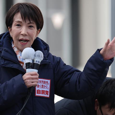 Japan’s Prime Minister and Liberal Democratic Party President Sanae Takaichi speaks during an election campaign rally on January 29, 2026, in Himeji, Japan. (Getty Images)