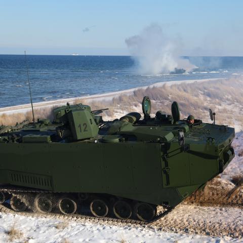 A Zaha Marine Assault Vehicle participates in the Steadfast Dart 2026 NATO military exercise at the Putlos training grounds on February 18, 2026, near Oldenburg in Holstein, Germany. (Getty Images)