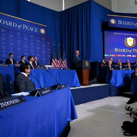 President Donald Trump speaks during the inaugural meeting of the Board of Peace on February 19, 2026, in Washington, DC. (Getty Images) Share to Twitter