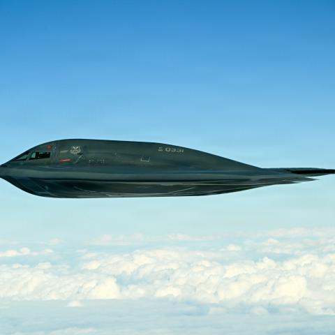 1. A U.S. Air Force B-2 Spirit conducts an integrated maritime strike training exercise with U.S. Navy F-35C Lightning II and F/A-18E Super Hornets from Carrier Air Wing Eleven (CVW-11) off the coast of California, on Feb. 10-11, 2026. Practicing innovative methods to employ and integrate strategic bombers like the B-2 with Navy carrier strike groups enhances combat capabilities through synchronized, integrated power projection. (U.S. Navy photo by Katie Archibald) 