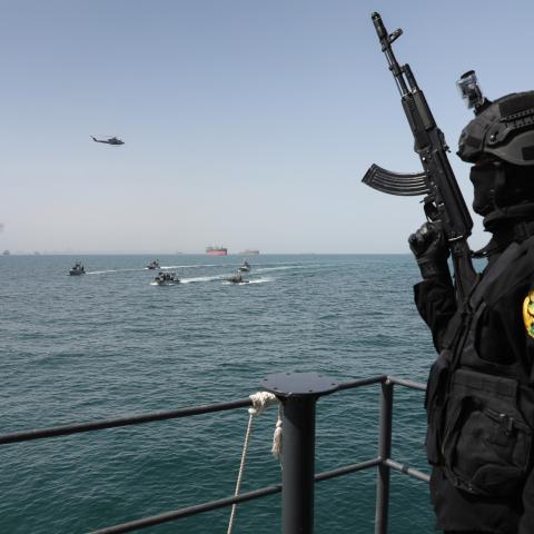 Caption Naval units from Iran and Russia carry out joint drills near the Strait of Hormuz in Iran, on February 19, 2026. (Getty Images)
