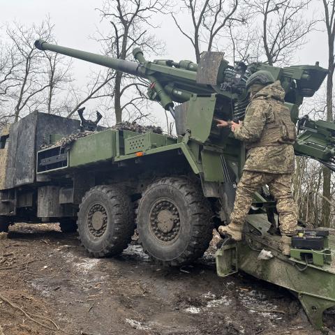 Ukrainian artillerymen aim CAESAR self-propelled howitzer near Pokrovsk on February 12, 2026, in Donetsk Oblast, Ukraine. (Getty Images)