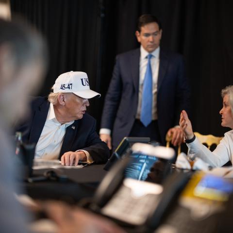 President Donald Trump speaks to White House Chief of Staff Susie Wiles as he oversees Operation Epic Fury at Mar-a-Lago on February 28, 2026 in Palm Beach, Florida. (Getty Images)