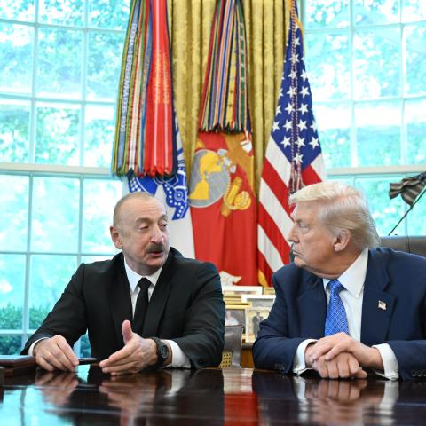 President Donald Trump and Azerbaijani President Ilham Aliyev hold a press conference f at the White House on August 8, 2025. (Getty Images)