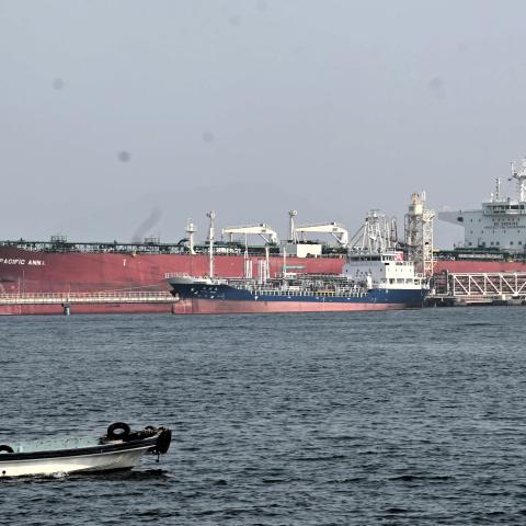  A tanker that transported crude oil without passing through the Strait of Hormuz on March 30, 2026 off Tane, Kikuma-cho, Imabari, Ehime, Japan. (Photo by The Asahi Shimbun via Getty Images)