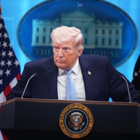  President Donald Trump conducts a news conference in the White House briefing room about the war in Iran on Monday, April 6, 2026. (Tom Williams/CQ-Roll Call, Inc via Getty Images)