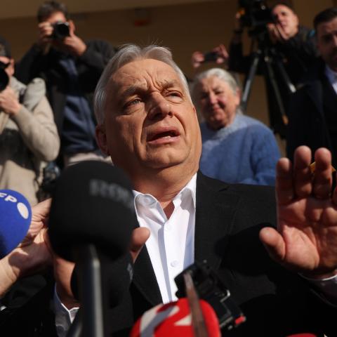 Hungarian Prime Minister Viktor Orban speaks to the media after he cast his ballot in Hungarian parliamentary elections on April 12, 2026 in Budapest, Hungary. Orban, who has been in power for 16 years, is going into the election trailing challenger Peter Magyar, lead candidate of the Tisza party, (Photo by Sean Gallup/Getty Images)